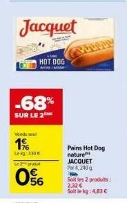 jacquet hot dog: 2 pour 4,83 € seulement! -68% sur un pain hot dog nature, 240g, vendu seul 1% lekg: 7.33€.