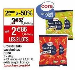 promo: 2ème à 50% - croustillants cacahuètes cora, 2x90g, 10,61 €/kg, 1,91 € le lot!