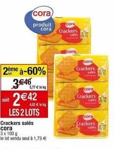 2 lots de crackers salés cora à prix réduit ! 2ème à-60%, 3€46 + 2€42 = 5,77€ le kg, 4€ le lot.