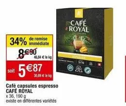 profitez de la remise de 34% sur les cafés capsules espresso café royal abiérony - 36 capsules, 190g.