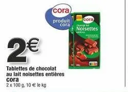 cora : tablettes de chocolat au lait noisettes entières, 2 x 100g à 10€ le kg ! profitez de la promotion 2€ !