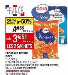 Pancakes Nature CORA : 2 x 18 sachets à -50% et 4,88 € le Kg ! 2,34 € le sachet seul.