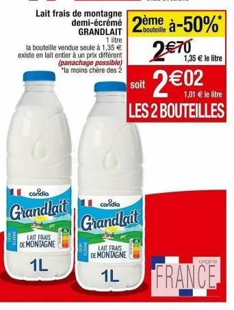 candia grandlait lait frais de montagne 1l: la moins chère des 2 à 1,35€!