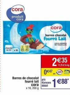 Barres de Chocolat au Lait CORA Well F fourrées au Lait : 200g pour 2,35 € soit 11,75 €/kg - Pack de 16 !