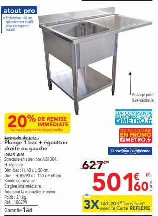 Plonge INOX BI 1 Bac + Égouttoir, 60 cm, 20% de REMISE IMMÉDIATE!