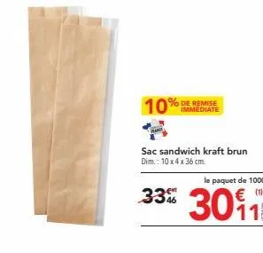 sac sandwich kraft brun - offre de 10% immédiate : dim. 10x4x36cm - paquet de 1000 à 30₁1