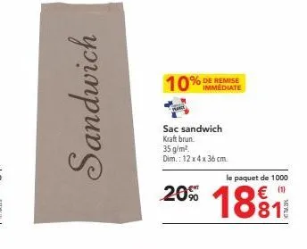 sandwich immédiate! paquet kraft brun de 1000, 20% 18⁹1. dim.: 12x4x36 cm. 35 g/m².