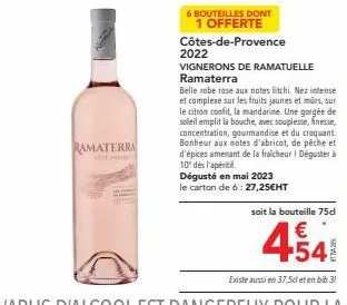offre spéciale: ramaterra côtes-de-provence 2022 - 6 bouteilles dont 1 offerte - belle robe rose aux notes litchi