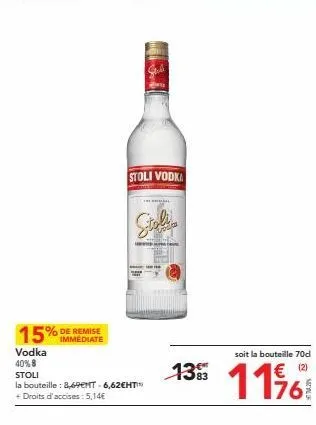 promo exceptionnelle sur la bouteille de stoli vodka : 15% de remise immédiate ! 8,69€ mt (+ 5,14€ de droits d'accises) pour 70cl à 40 %.