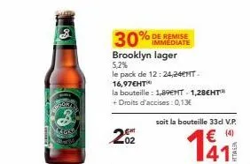 odka brooklyn lager 5,2% 12x24,24mt - immediate - 202 bouteilles à 33d v.p. 1411 - 1,89€nt - 1,28€ht + 0,13€ droits d'accises.