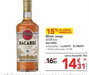 rhum bacardi añejo 84ans, 15% de réduction avec frais d'accise inclus - 70d 165 1431
