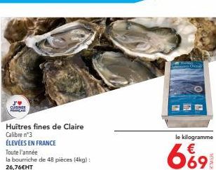 Huîtres de Claire de France, Calibre n°3 - 26,76€HT/Kg ou 4kg/48 pièces à Prix réduit !