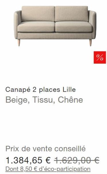Canapé 2 Places Lille Beige: Tissu, Chêne | 1.384,65€ | Éco-Participation Incluse.