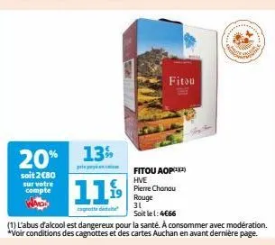 fitou aop(¹²) hve pierre chanau : rouge, bénéficiez d'une promo de 20% et payez seulement 2€80!