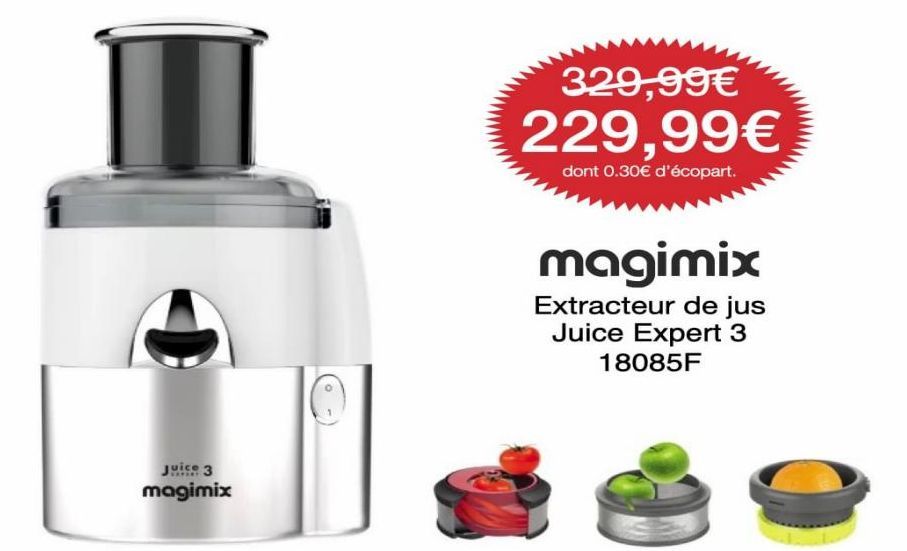 Extracteur de jus Juice Expert 3 : 329,99€ -> 229,99€ + 0,30€ d'écopart ! Magimix 18085F