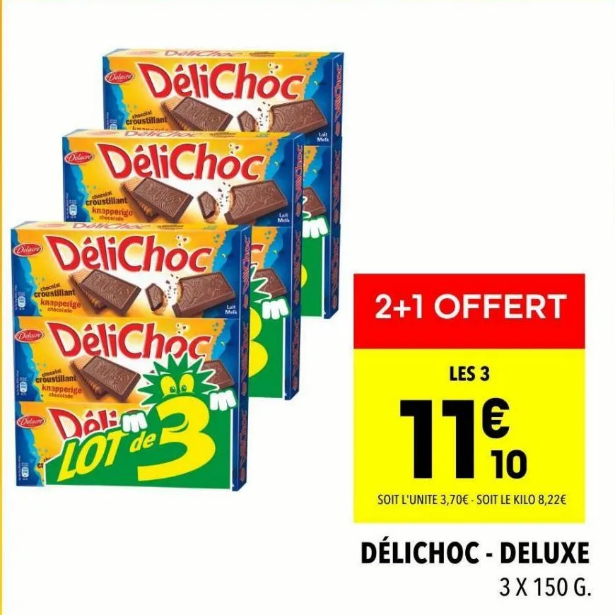 treat yourself à delichoc, delichec & dalm lot de 3 delacro chocolats croustillants!