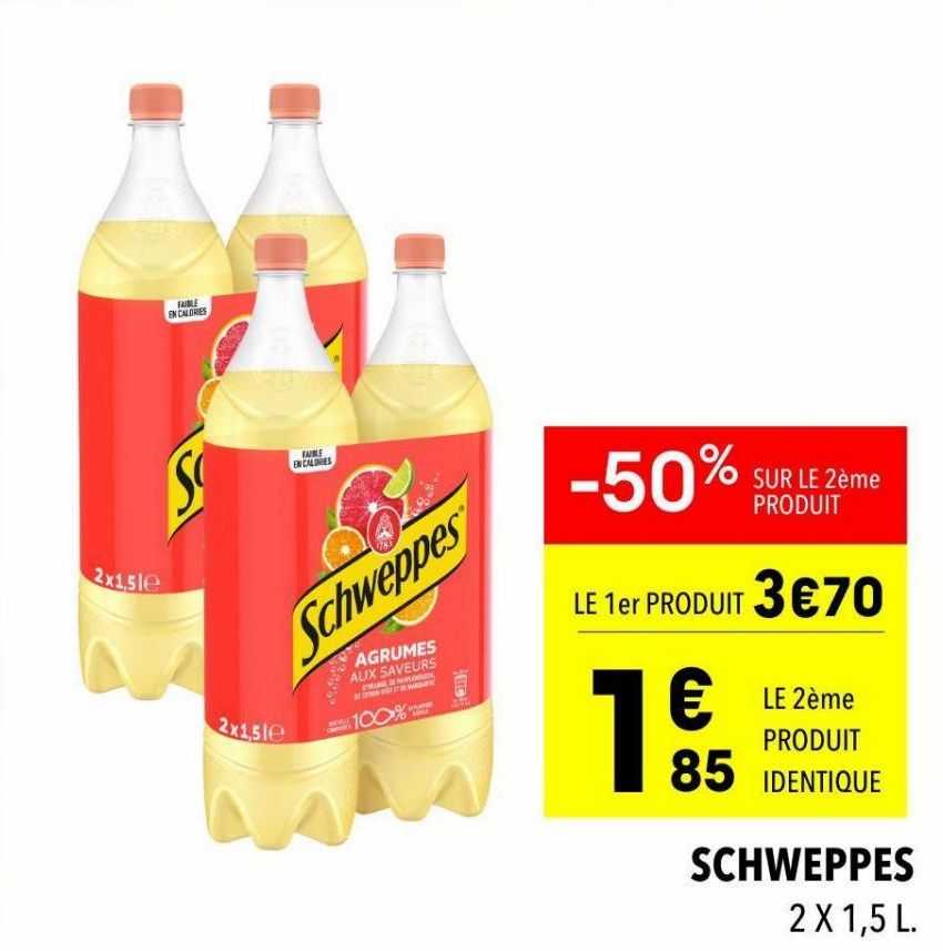 Schweppes Agrumes, 100% Encalones et Faible en Calories : 2x1,50le, 50% Le 1er Produit 3€70 1€ sur le 2ème Produit!