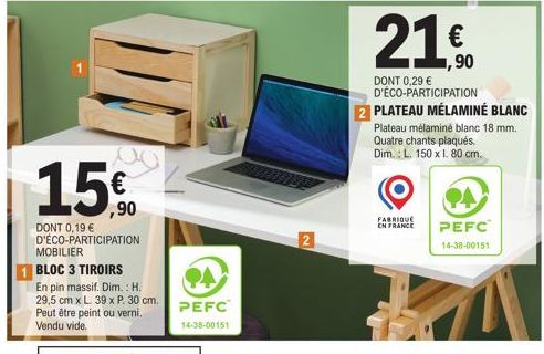 Mobilier en Pin Massif  - Bloc 3 Tiroirs - PA PEFC - 15% de Réduction - 0,19 € Éco-Participation.