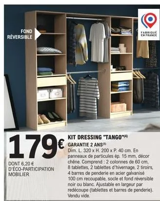 tango kit dressing - fond reversible - fabriqué en france - garantie 2 ans - 320x200x40cm - 179€ + e.p 6.20€