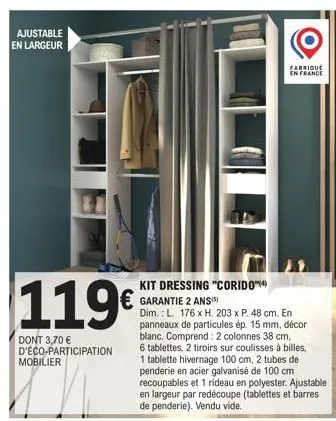 kit dressing corido™ - ajustable en largeur - mobilier français garanti 2 ans - 119€ + eco-participation 3.7€ - l.176 x h.203 x p.48 cm.