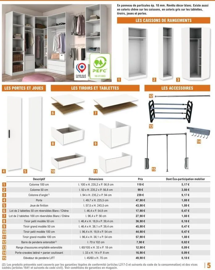 lot de 4 portes & joues: colonne 100 cm, colonne 50 cm, colonne d'angle, 8/10 portes & joues de finition. promo: 2 tablettes réversibles 50 cm blanc/chêne et 2 tablette.