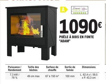 Profitez du Puissant Poêle à Bois en Fonte Adam - 7.3 kW, 78% Rendement, 49cm max, 67 à 150m², 1090€, 100mm Sortie de Fumée - L. 62,4 x 1. 59,5 x P. 43