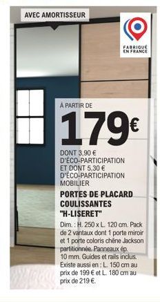 Kit H-Liseret de Portes de Placard Coulissantes - 2 Vantaux dont 1 mi - 250 x 120 cm - Seulement 179€, Eco-Participation incl.
