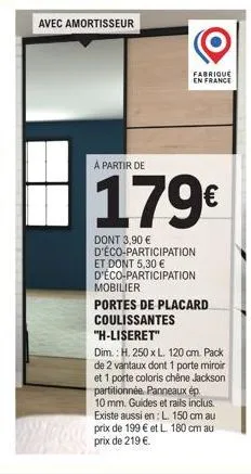 kit h-liseret de portes de placard coulissantes - 2 vantaux dont 1 mi - 250 x 120 cm - seulement 179€, eco-participation incl.