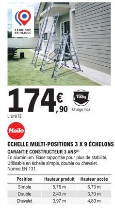 Échelle Aluminium Charge Max. 150 kg - Fabriquée en France - Promo 174€ 90 - Stabilité avec Base Rapportée - Norme EN 131