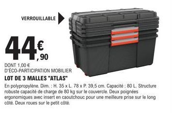 Lot de 3 Malles Atlas en Polypropylène VERROUILLABLE - 80L, 80 kg Charge - 1,00 € Éco-Participation