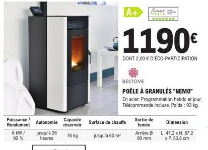 NEMO : Poêle à granulés BESTOVE avec puissance 6 kW & rendement 90%, autonomie jusqu'à 26h & réservoir de 16 kg - Promo €1190 dont 2,00 € Eco-Participation, chauffe jusqu'à 60 m².