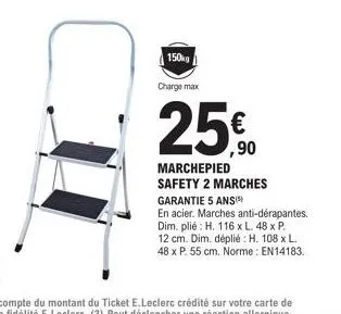 echelle pliante marchepied safety 2 marches en acier, 150kg charge max, 25% promo, garantie 5 ans, dim. plié: h. 116 x l. 48 x p. 12 cm, en14