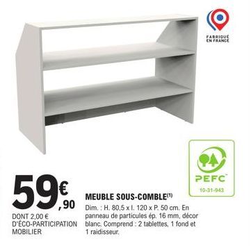 Meuble Sous-Comble à 2€ - 90x80,5x50 cm, Décor Blanc, 2 Tablettes, 1 Fond & 1 Raidisseur Inclus.
