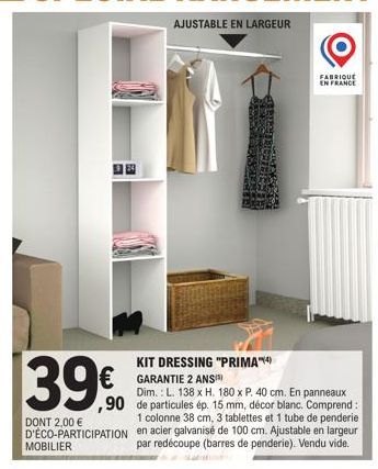 Kit Dressing Prima™ - 15 mm d'épaisseur - Fait en France - Garantie 2 Ans - 138x180x40 cm - 2,00 € d'éco-participation