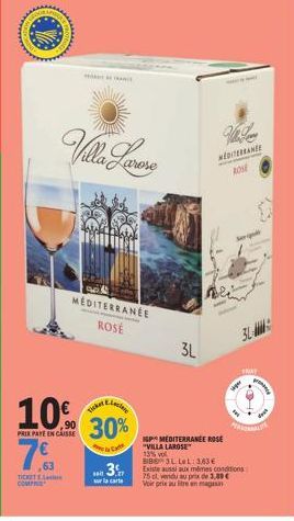 Méditerranée Rosé Villa Larose 13% vol 3L à seulement 7€ : Jusqu'à -63% Promo Exclusives chez Will FRANY ISP !