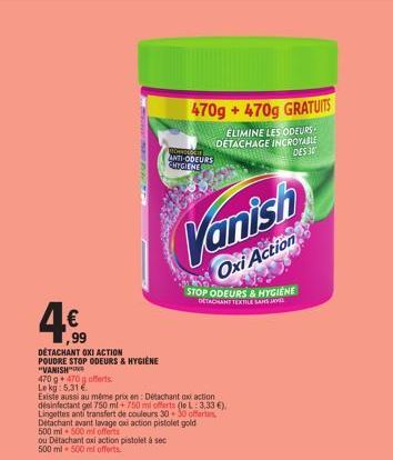 Promo Duo: VANISH + MONOCIE, Détachant Oxi Action Poudre et Pistolet à Sec, 470g + 470g Gratuits!