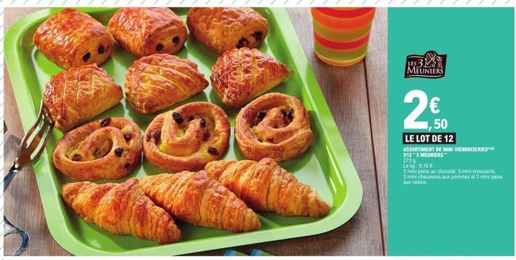 Offre Spéciale : Lot de 12 Mini Vienoiseries 3 Meuniers à 2€50 Seulement ! 3 Mini Pains Au Chocolat, 3 Mini Croissants, 3 Mini Chaussons Aux Pommes et 3 Mini Pains.