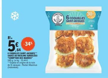 Pecten Maximus (Indonésie) 6 Coquilles Saint-Jacques COMPTON: 540 g, 10,44 €/kg -34% Promo 5 €!