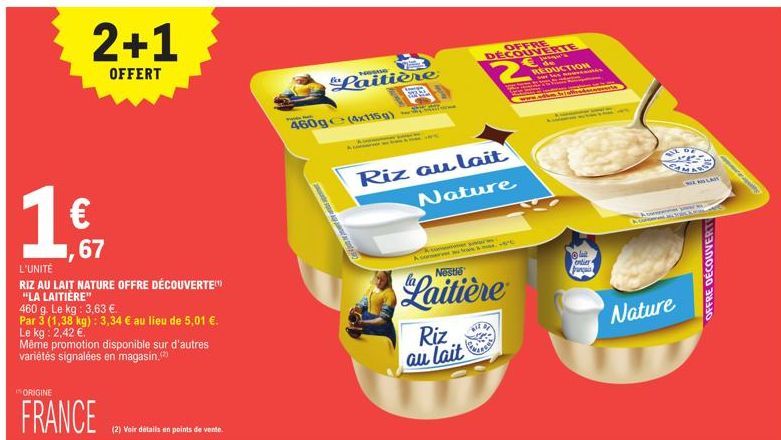 Offre découverte : Riz au Lait Nature La Laitière - Par 3, 1,38 kg à 3,34 € au lieu de 5,01 €, soit 2,42 € le kg !