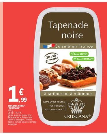 TAPENADE NOIRE CRUSCANA - 1€ le kg : 13,27€ - Aubergine, Poivron, Olives, Tomates & Basilic !