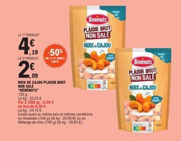 Bénénuts- Noix de Cajou sans Sel -50%!130g à 32,23€/kg, Par 2 (260g) à 6,28€ au Lieu de 8,38€/Kg!