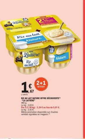 Riz au Lait Nature de La Laitière : 460g, Offre Découverte 2+1 Offerte ! (3,63€/kg, 3,34€/1,38kg)