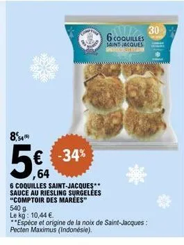 5€ de réduc ! 6 coquilles saint-jacques indonésiennes sur-gelées au comptoir des mareés - 540g au kg à 10,44€