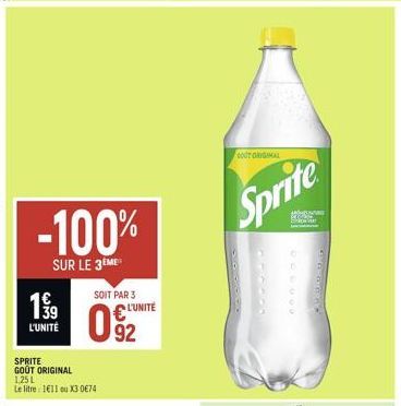 Promo : 3 Achetés = 2 Gratuits ! Sprite Goût Original 1.25L x14 à 6€90 l'Unité.