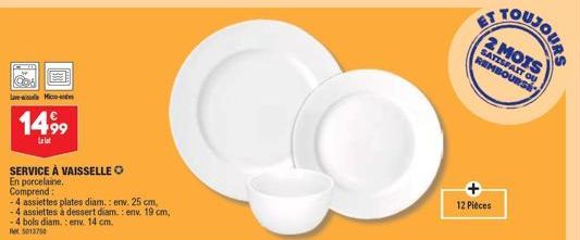 Service à vaisselle en porcelaine Micro-ond 1499 : 4 assiettes, 4 bols - 5013750 12 - PROMO 12€ !