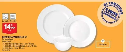 service à vaisselle en porcelaine micro-ond 1499 : 4 assiettes, 4 bols - 5013750 12 - promo 12€ !