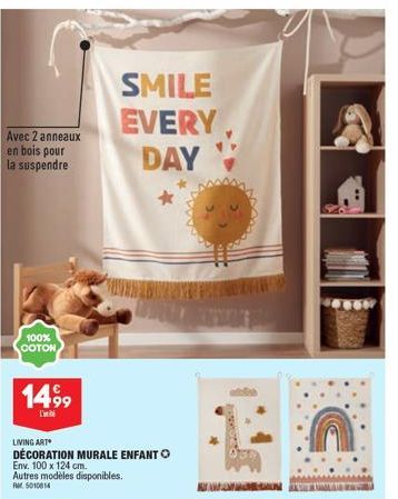 Kawan F5010814 : Décoration Murale Enfant 100% Coton, 1499 Livres, 100 x 124 cm - Achetez 2 Anneaux en Bois et Faites Sourire Vos Bambins Tous les Jours.