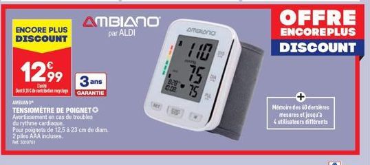 TENSIOMÈTRE DE POIGNET - AVERTISSEMENT POUR TROUBLES DE RHYTHME CARDIAQUE - GARANTIE 3 ANS - 12,5 à 23 cm de diam. - ENCORE PLUS DISCOUNT: 12,99 €!