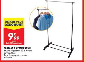 Promo 999D : Vêtements portants à Hauteur Réglable de 90 à 160cm avec Barre de Suspension Simple et Roulettes - Rel. 5011679