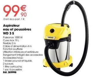 aspirateur eau et poussières wd 3 s - 1 € seulement - 1000 w, cuve inox 19 l, flexible 2m, fonction soufflerie et plus - ra. 99€€0
